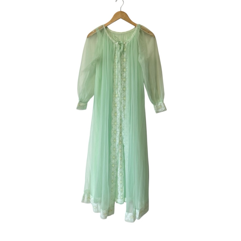 Vintage 50s Peignoir Set Mint Green Nighty Robe Lace Sheer Retro Small Medium - Picture 2 of 16